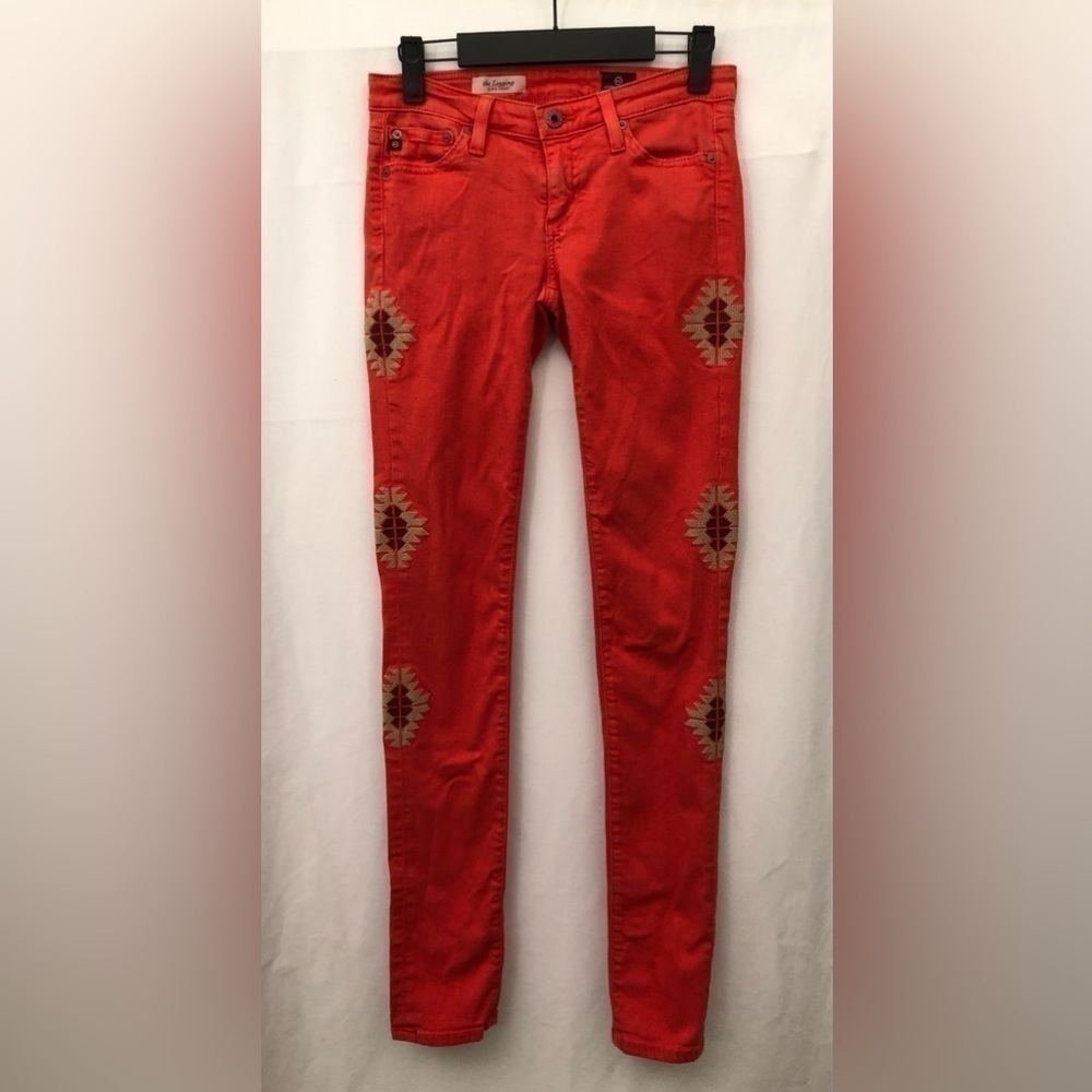 AG Adriano Goldschmied Super Skinny Legging Santa Fe Embroidered Orange Jeans 25